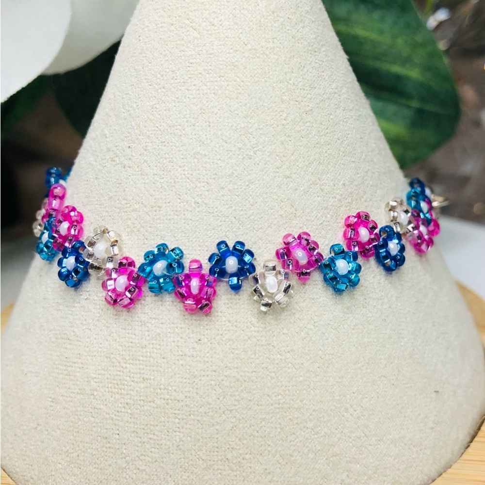 Pink Blue Czech Beaded Bracelet Daisy Thin Dainty Floral Flower Bling Glam NEW - Picture 6 of 6